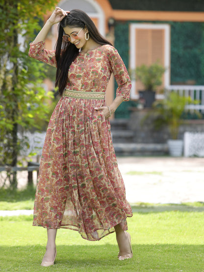 Fuchsia Chiffon Casual Wear Printed Flared Jumpsuit