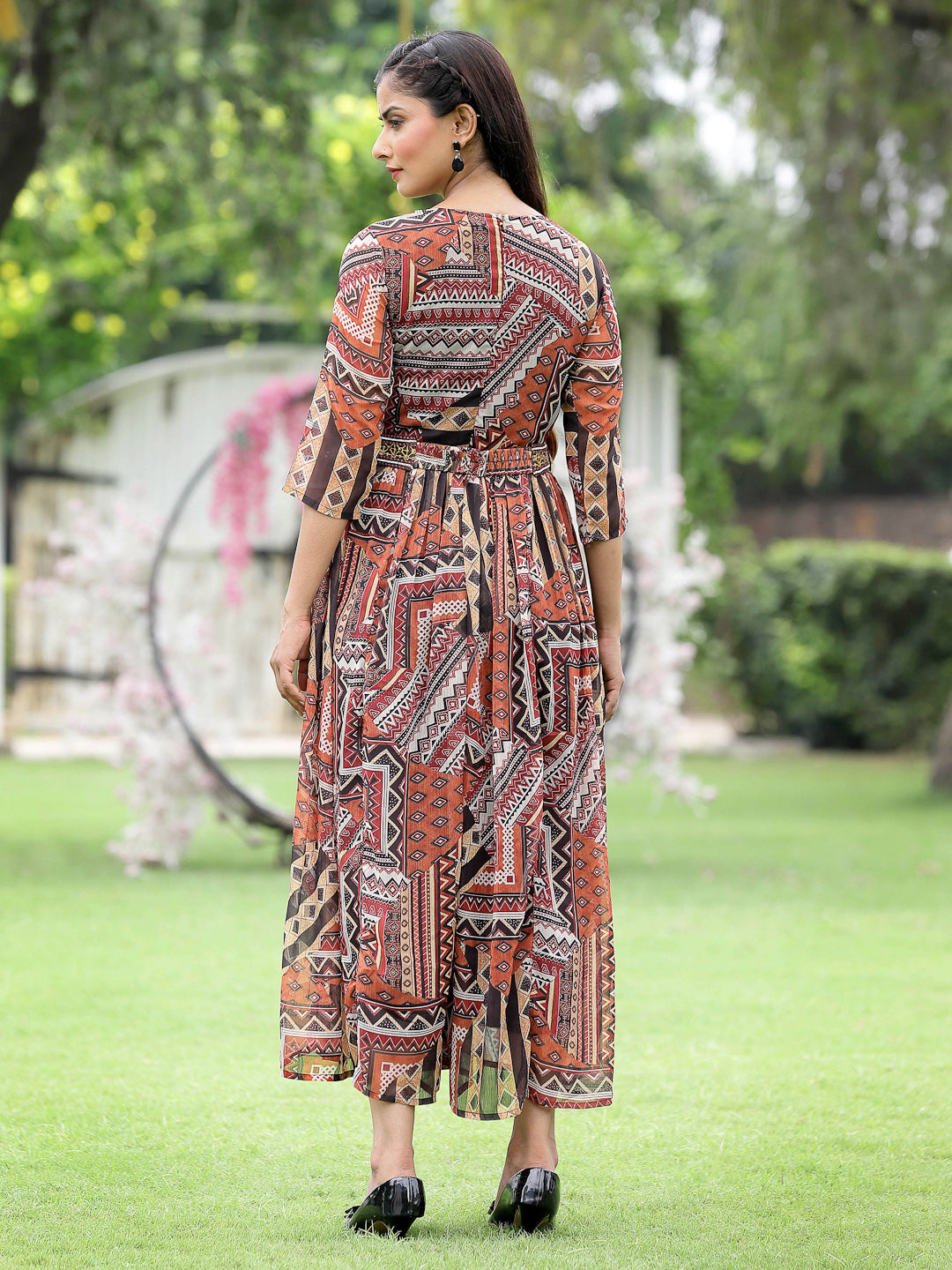 Brown Multi Chiffon Festive Printed Flared Jump Suit