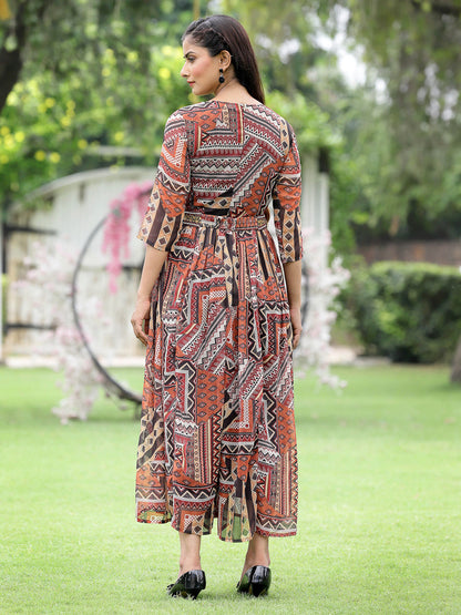 Brown Multi Chiffon Festive Printed Flared Jump Suit