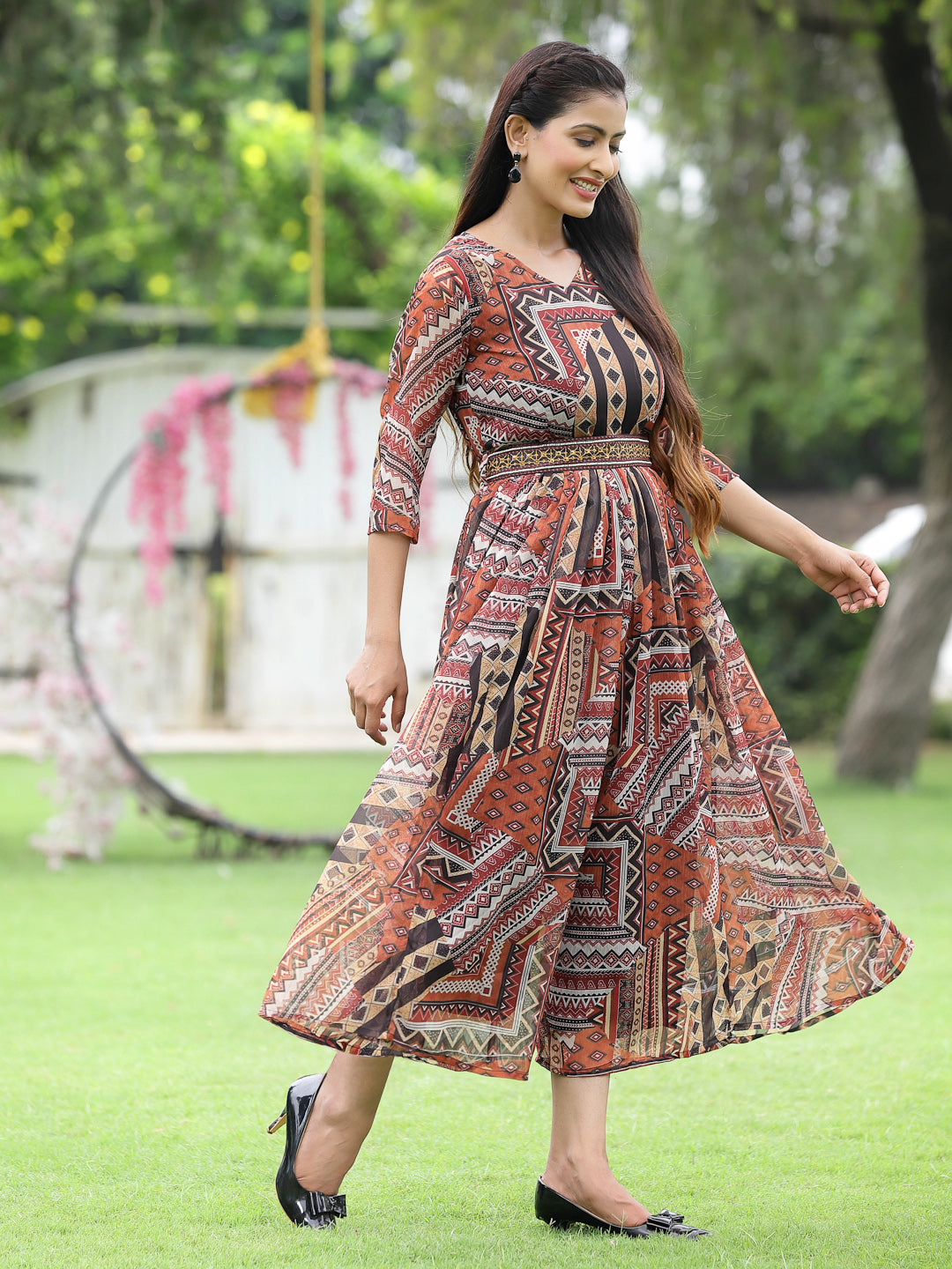 Brown Multi Chiffon Festive Printed Flared Jump Suit