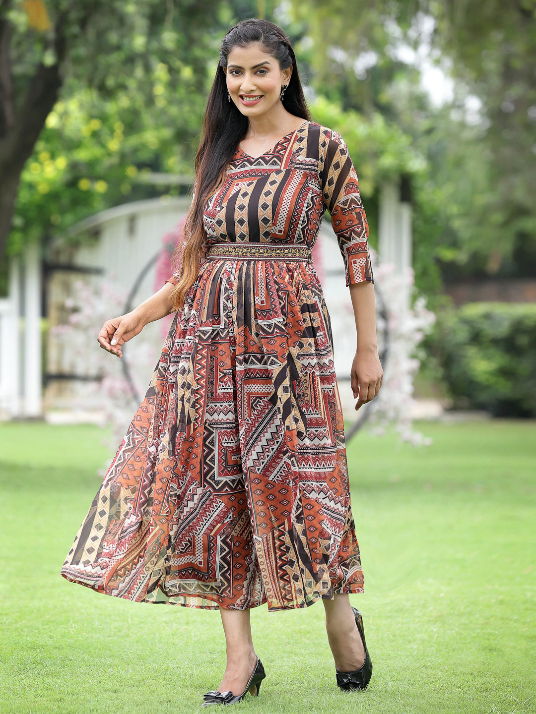 Brown Multi Chiffon Festive Printed Flared Jump Suit