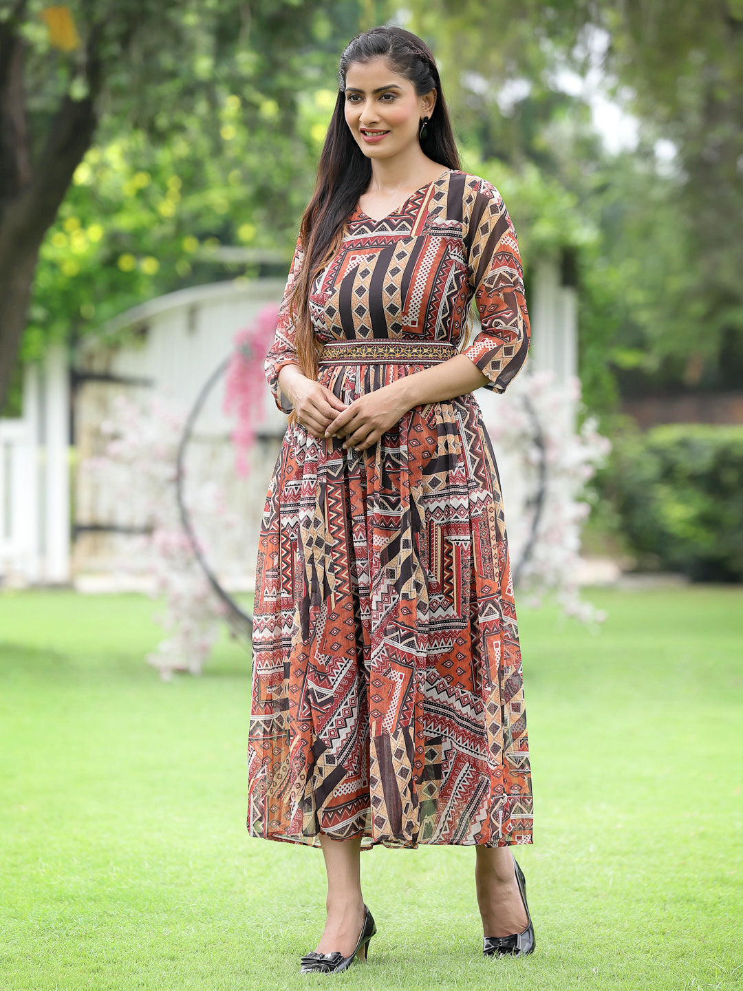 Brown Multi Chiffon Festive Printed Flared Jump Suit