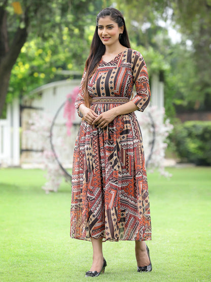 Brown Multi Chiffon Festive Printed Flared Jump Suit