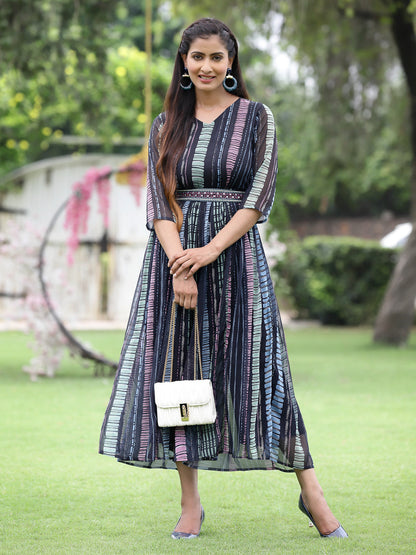 Black Multi Chiffon Festive Printed Flared Jump Suit