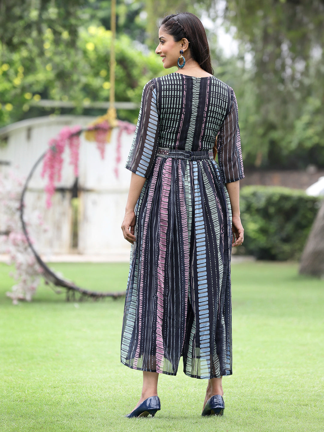 Black Multi Chiffon Festive Printed Flared Jump Suit