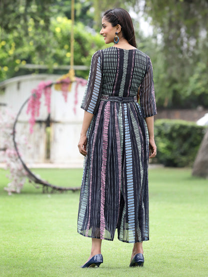 Black Multi Chiffon Festive Printed Flared Jump Suit