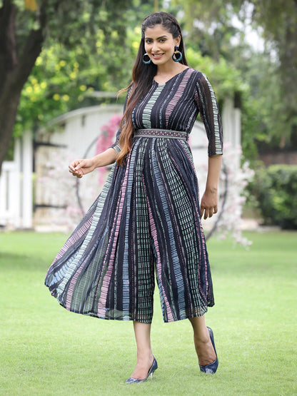 Black Multi Chiffon Festive Printed Flared Jump Suit