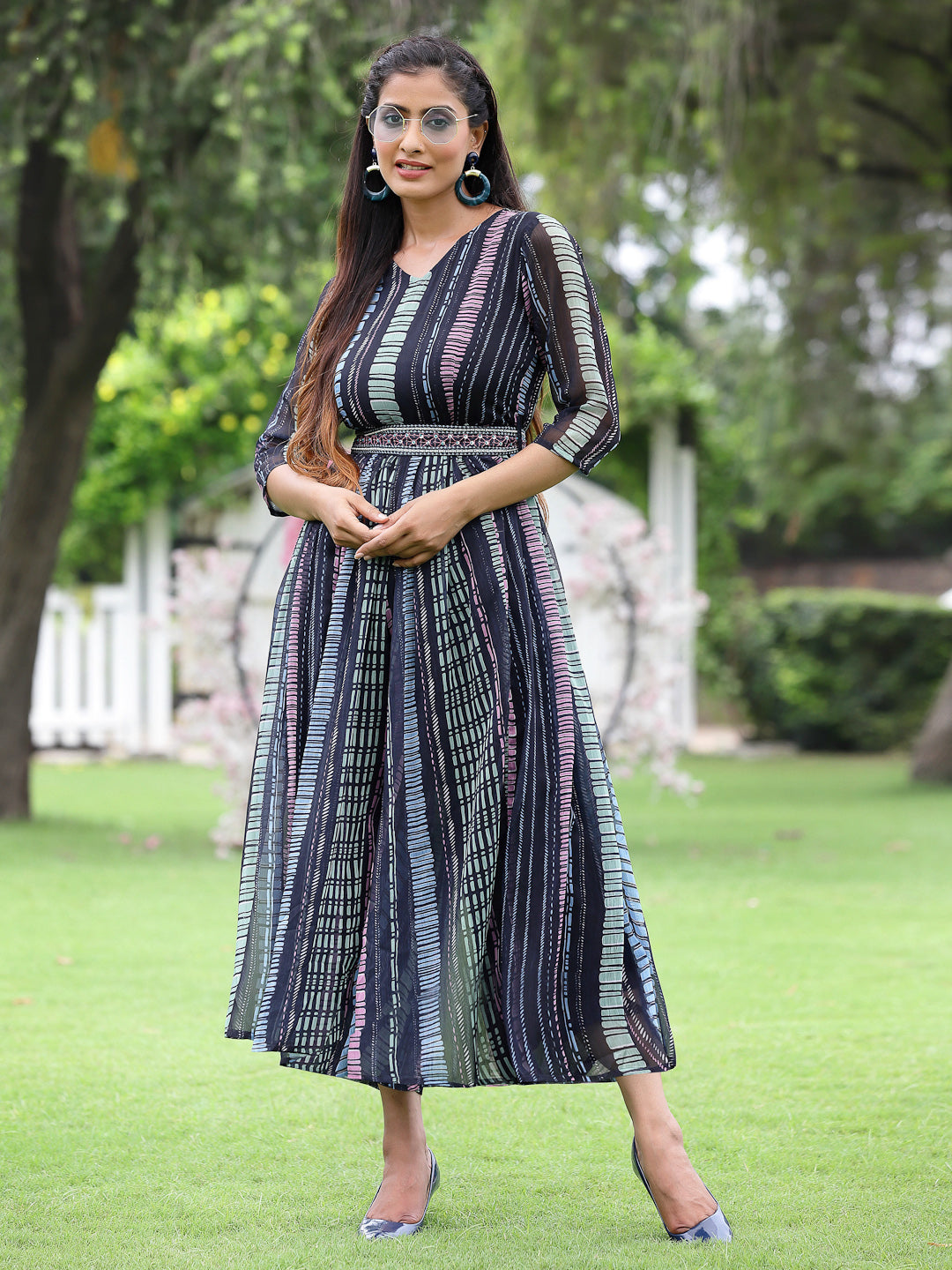 Black Multi Chiffon Festive Printed Flared Jump Suit