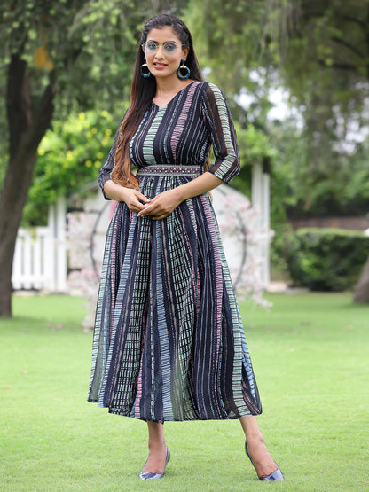 Black Multi Chiffon Festive Printed Flared Jump Suit