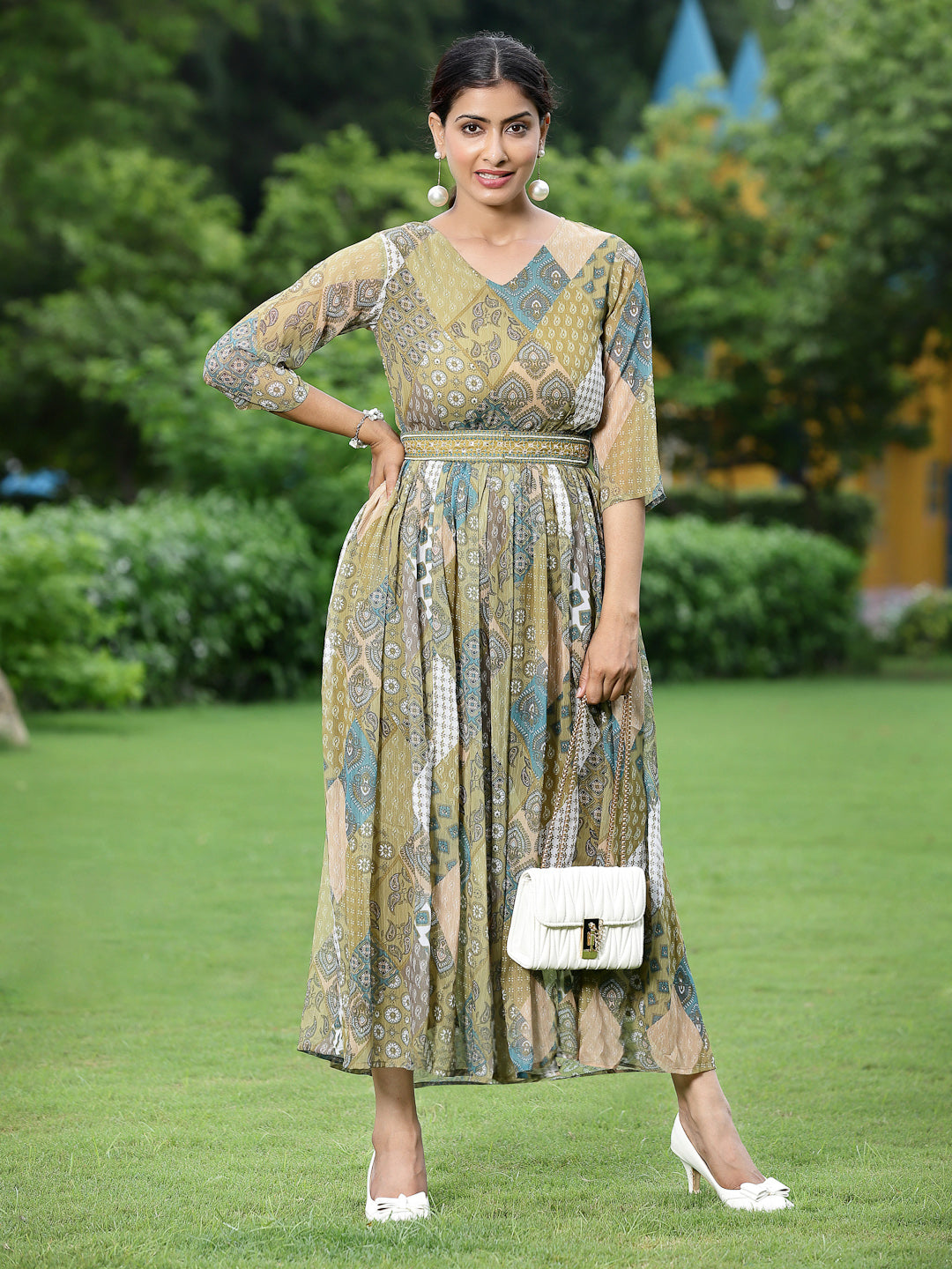 Green Multi Chiffon Festive Printed Flared Jump Suit