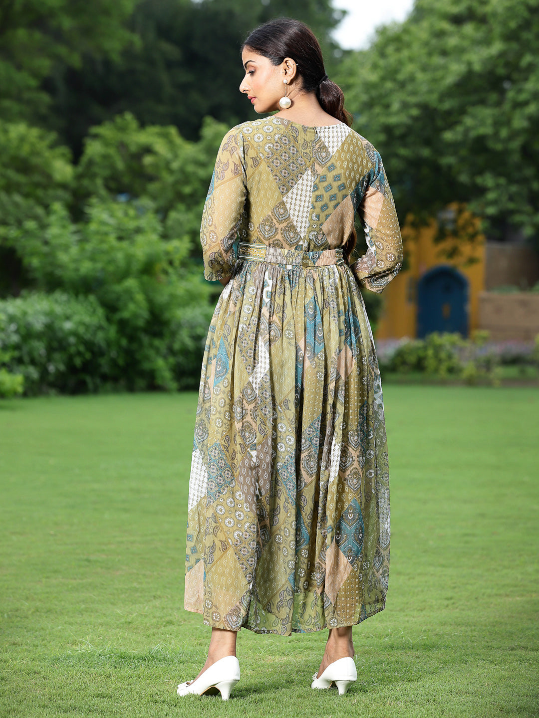 Green Multi Chiffon Festive Printed Flared Jump Suit