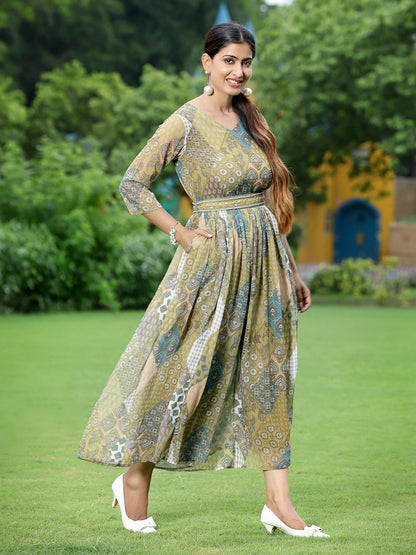 Green Multi Chiffon Festive Printed Flared Jump Suit