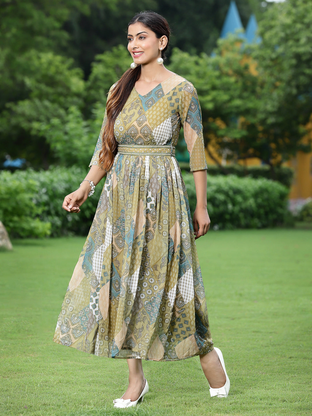 Green Multi Chiffon Festive Printed Flared Jump Suit