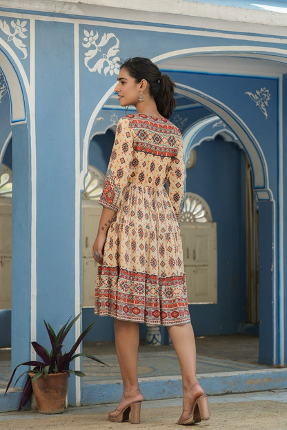 Beige Rayon Festive Printed Tiered Short Dress