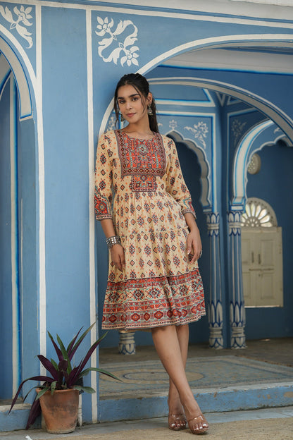 Beige Rayon Festive Printed Tiered Short Dress