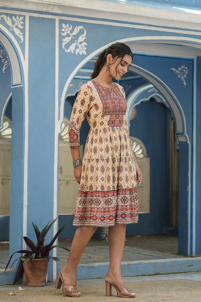 Beige Rayon Festive Printed Tiered Short Dress
