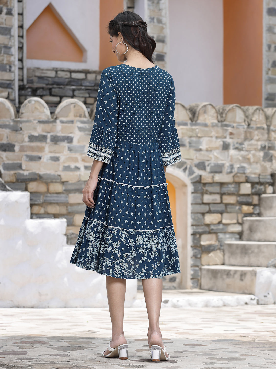 Blue Rayon Printed Tiered Short Dress