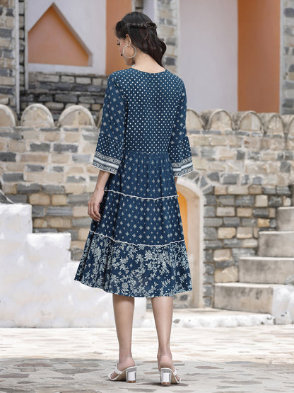 Blue Rayon Printed Tiered Short Dress