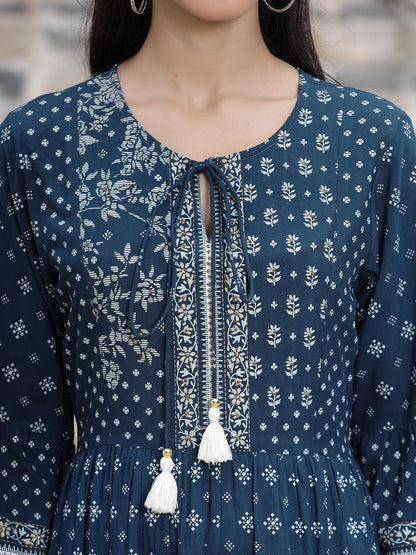 Blue Rayon Printed Tiered Short Dress