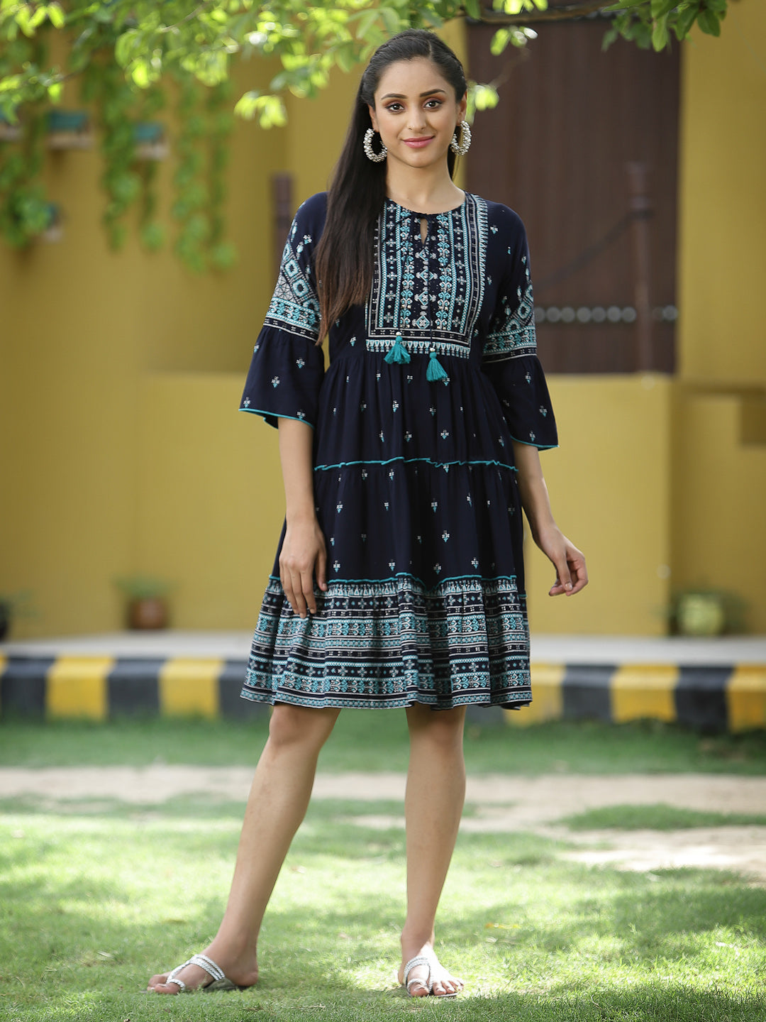 Navy Rayon Festive Printed Tiered Short Dress