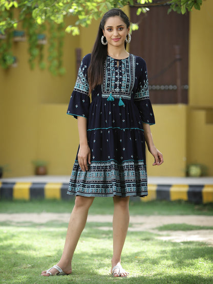 Navy Rayon Festive Printed Tiered Short Dress