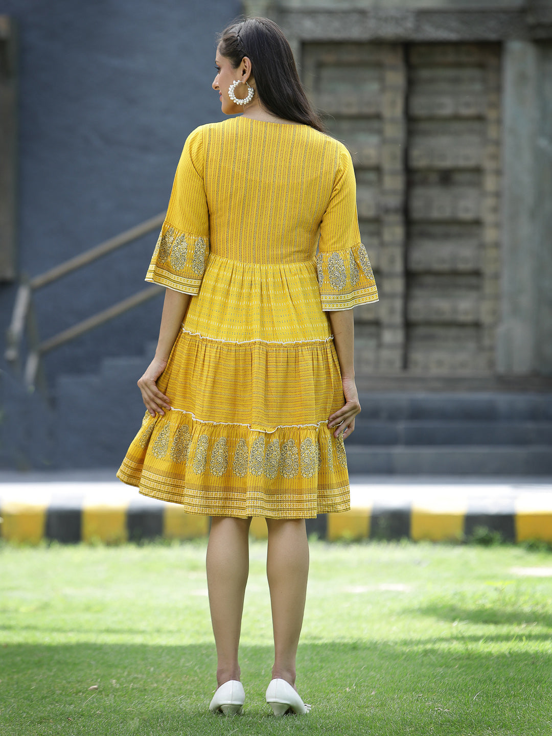 Mustard Rayon Festive Printed Tiered Short Dress