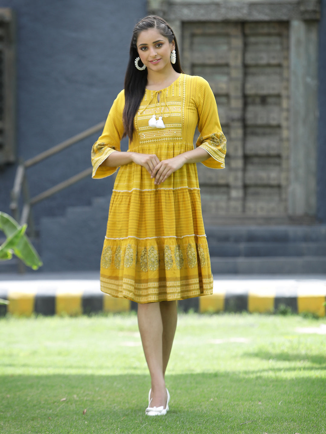 Mustard Rayon Festive Printed Tiered Short Dress