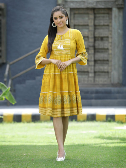 Mustard Rayon Festive Printed Tiered Short Dress