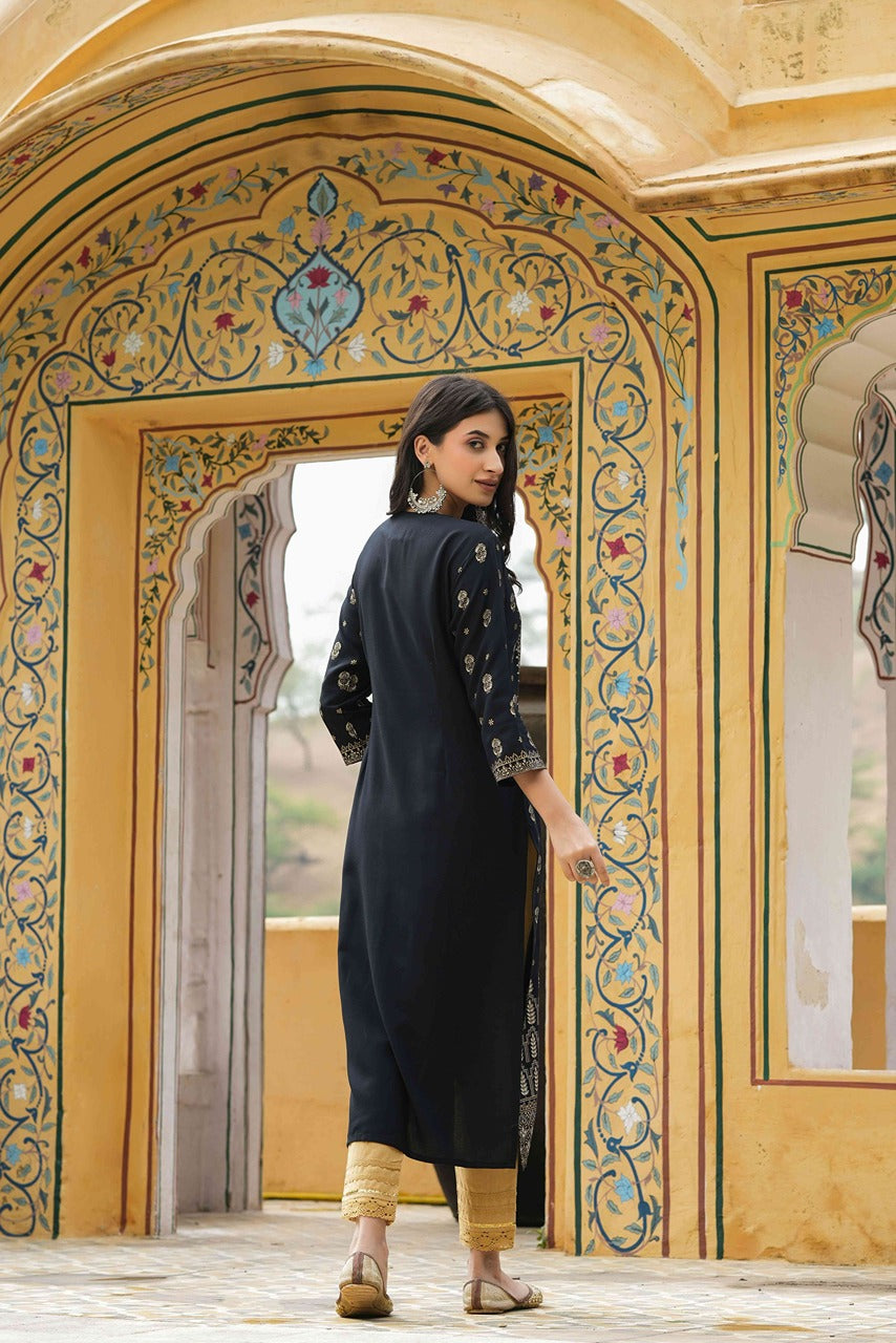 Black Rayon Festive Printed Straight Kurta