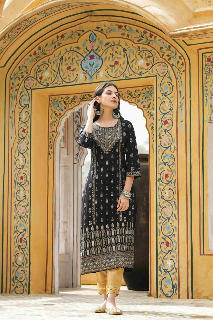 Black Rayon Festive Printed Straight Kurta