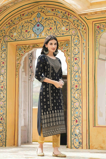 Black Rayon Festive Printed Straight Kurta