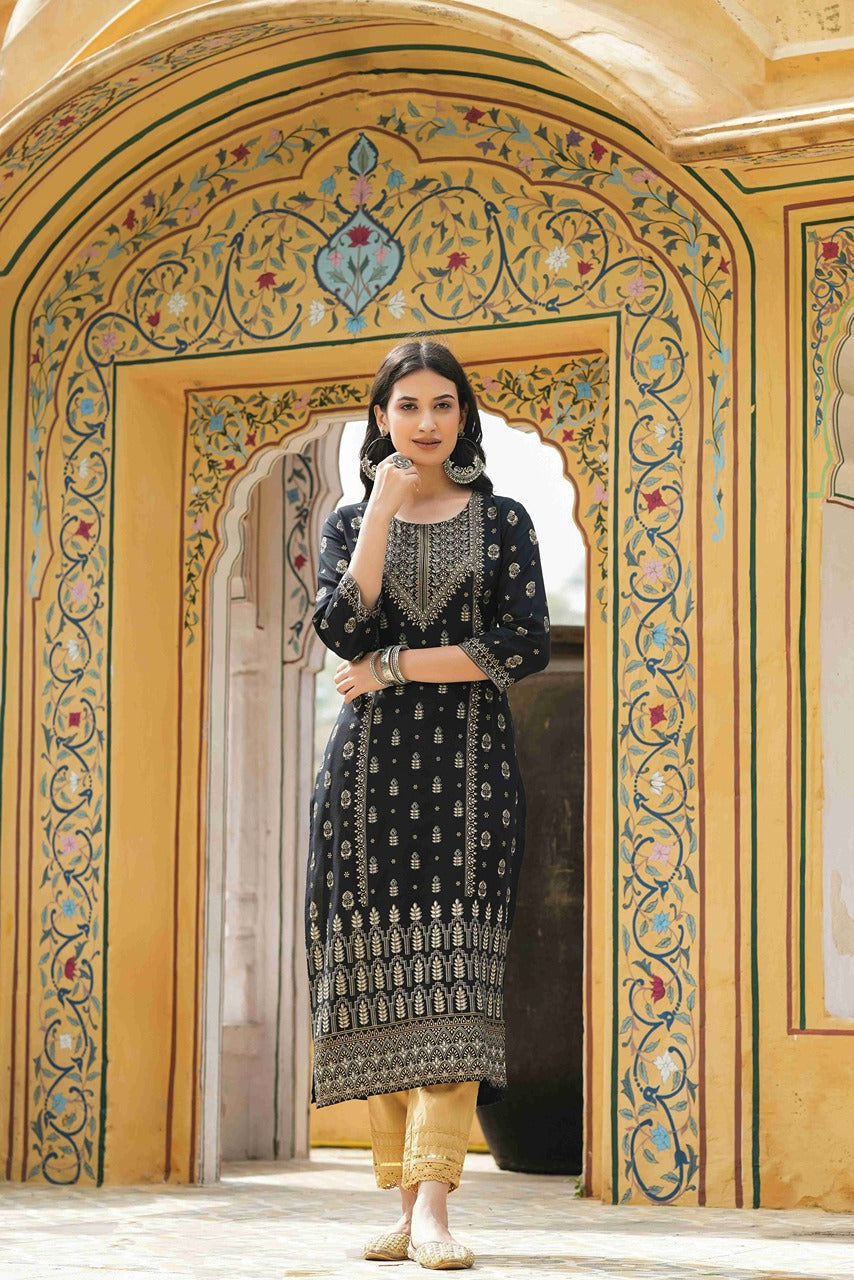 Black Rayon Festive Printed Straight Kurta