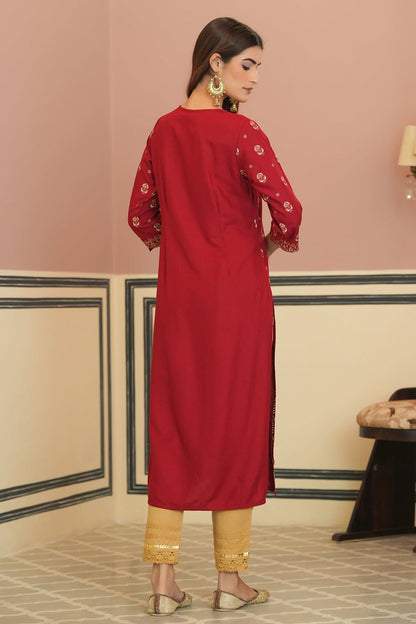 Maroon Rayon Festive Printed Straight Kurta