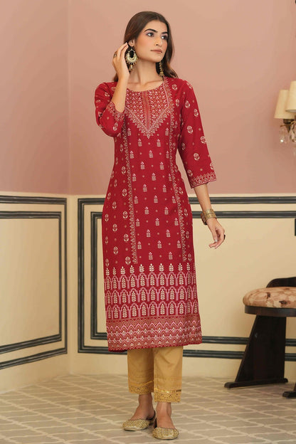 Maroon Rayon Festive Printed Straight Kurta