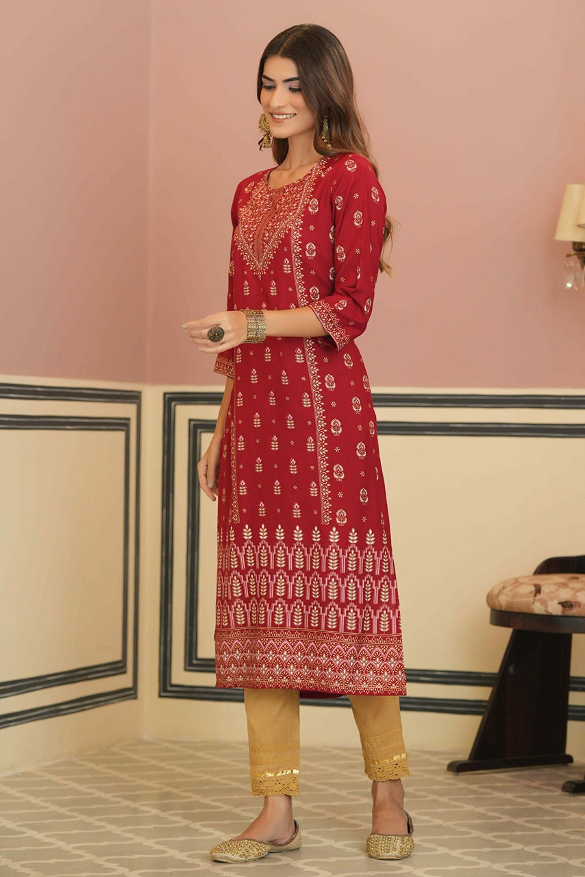 Maroon Rayon Festive Printed Straight Kurta