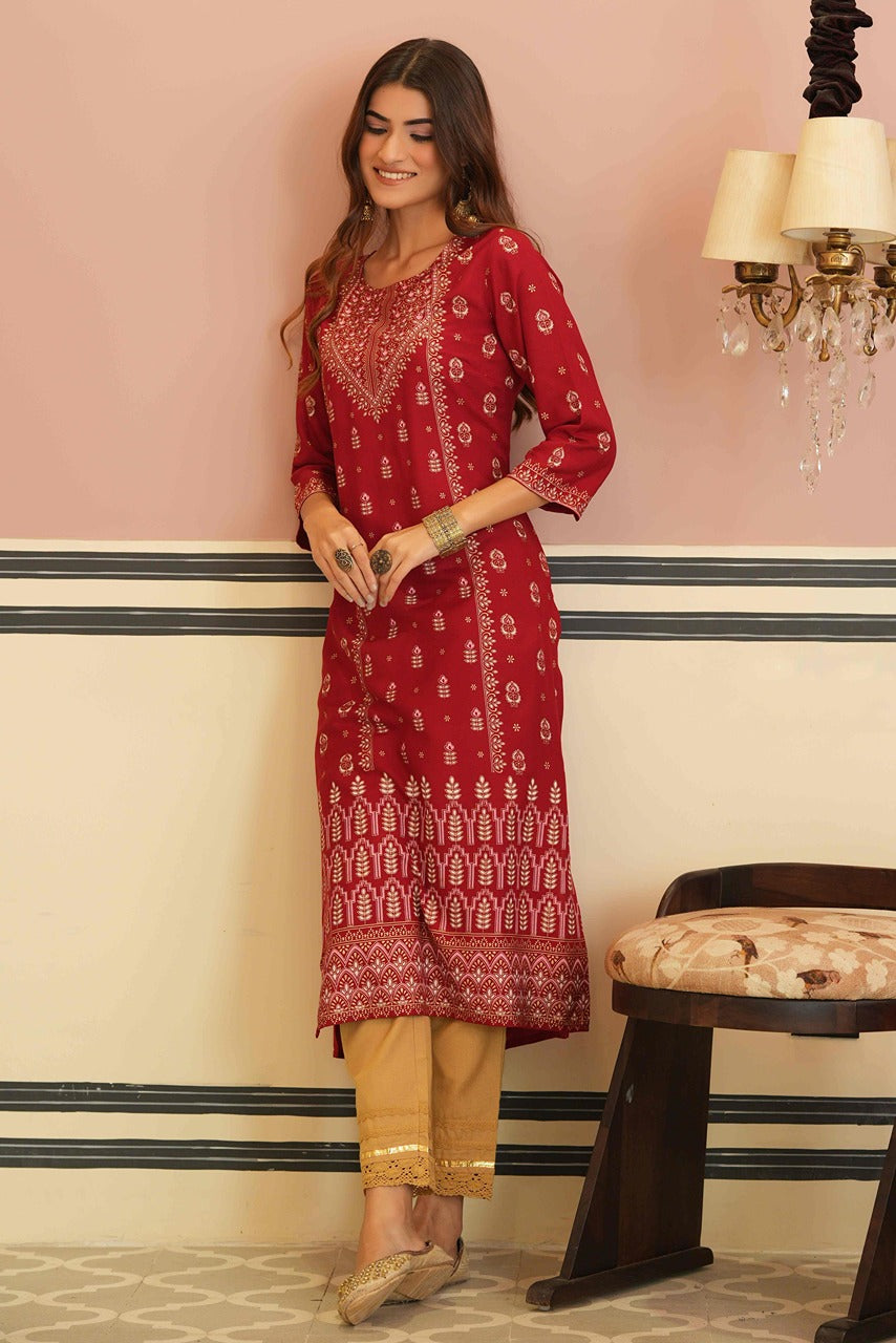 Maroon Rayon Festive Printed Straight Kurta