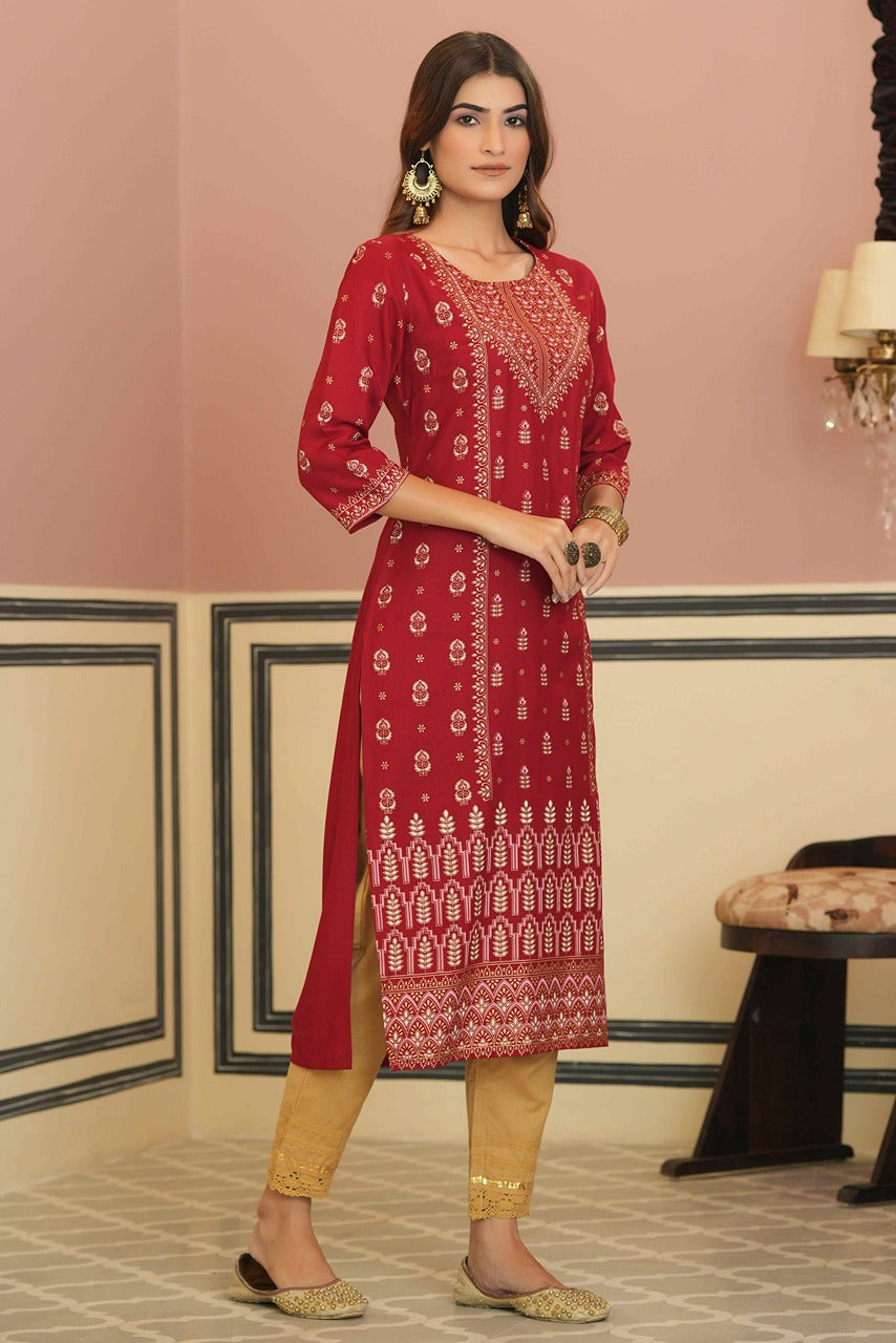 Maroon Rayon Festive Printed Straight Kurta