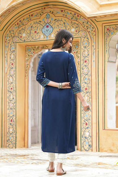 Blue Rayon Festive Printed Straight Kurta