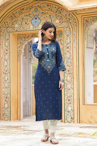 Blue Rayon Festive Printed Straight Kurta