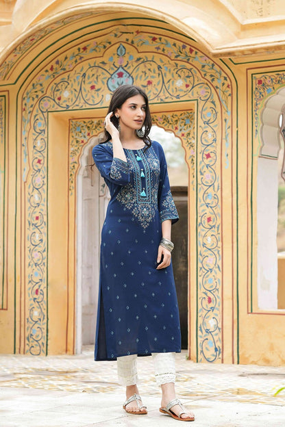 Blue Rayon Festive Printed Straight Kurta