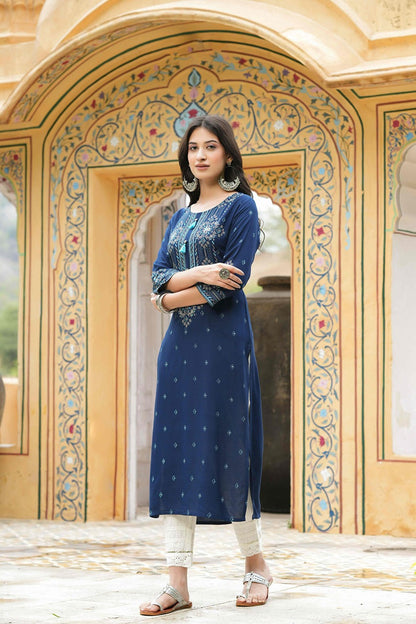Blue Rayon Festive Printed Straight Kurta