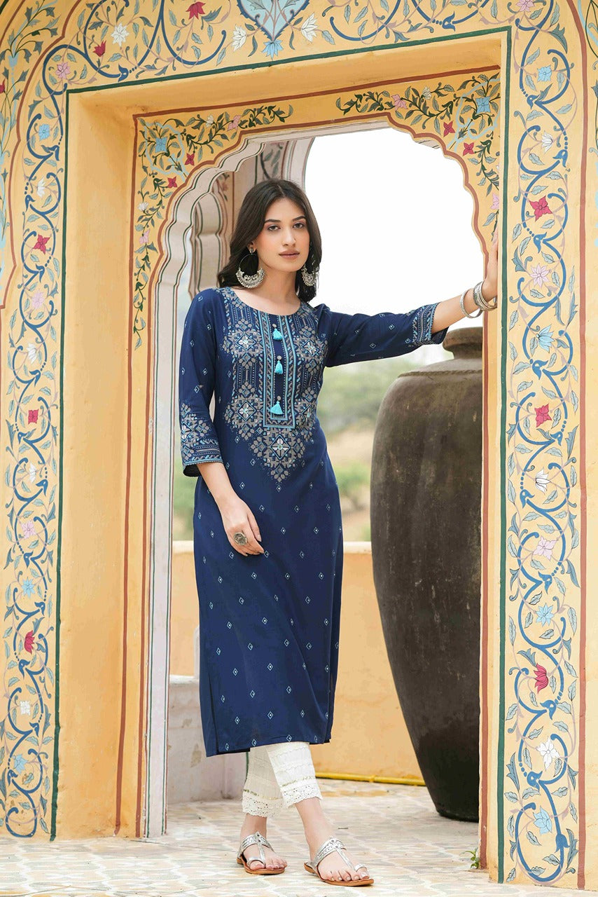 Blue Rayon Festive Printed Straight Kurta