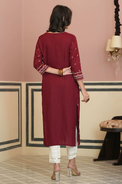 Maroon Rayon Festive Printed Straight Kurta