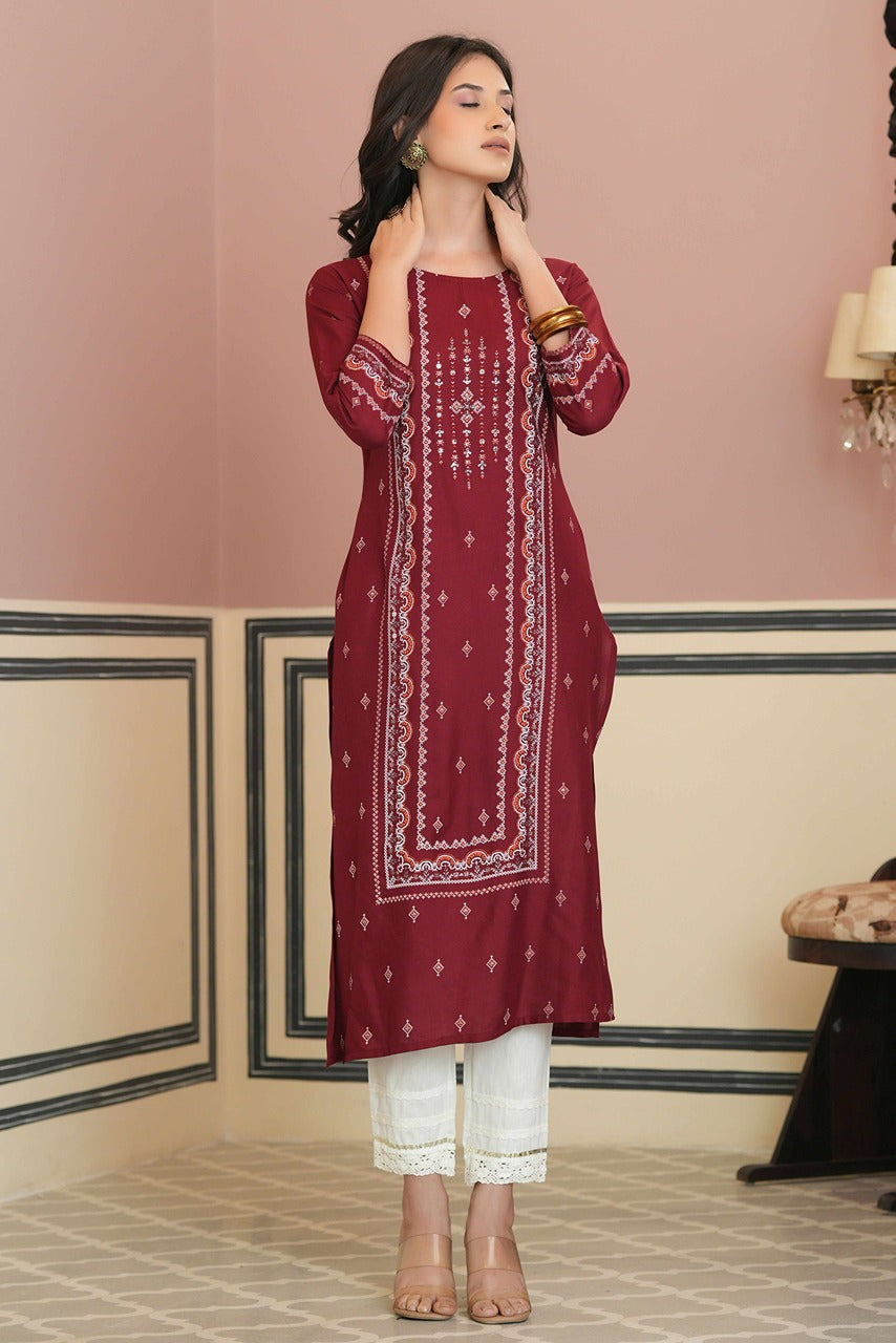 Maroon Rayon Festive Printed Straight Kurta