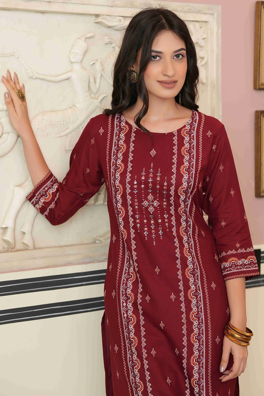 Maroon Rayon Festive Printed Straight Kurta