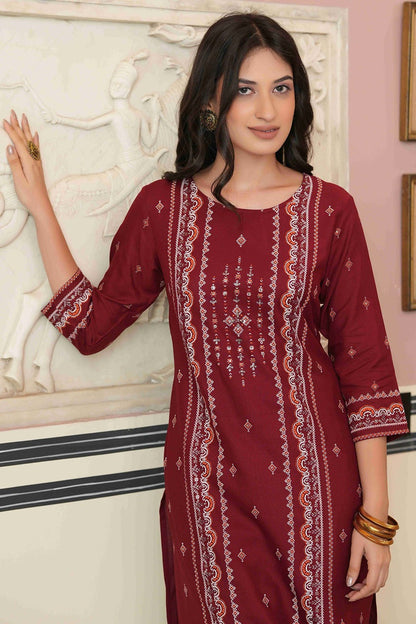 Maroon Rayon Festive Printed Straight Kurta