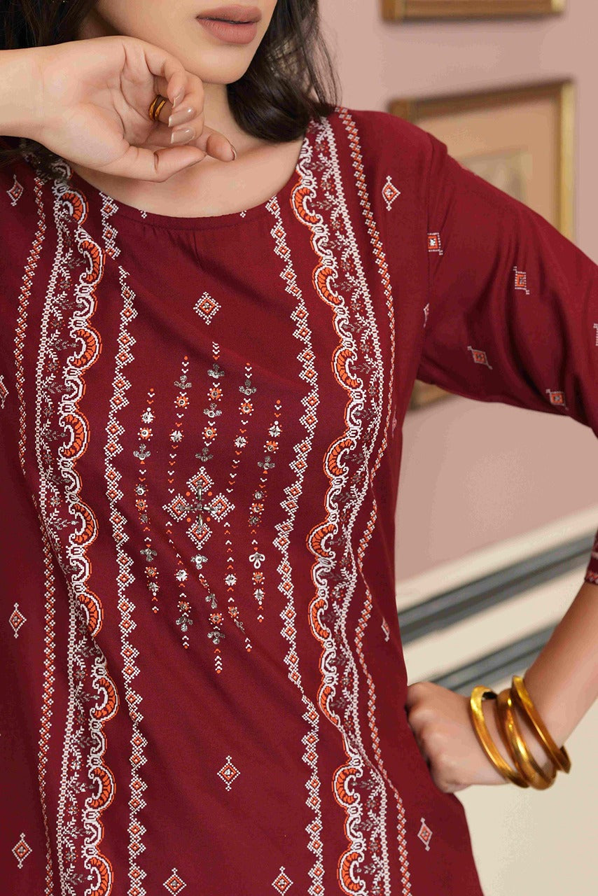 Maroon Rayon Festive Printed Straight Kurta
