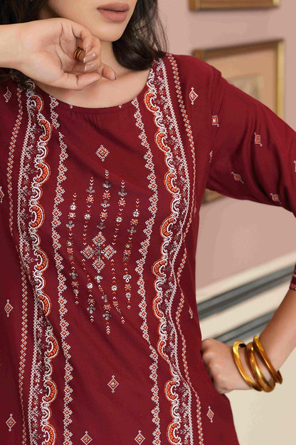 Maroon Rayon Festive Printed Straight Kurta