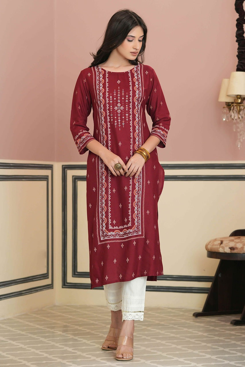 Maroon Rayon Festive Printed Straight Kurta