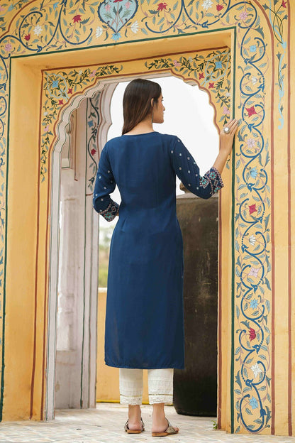Blue Rayon Festive Printed Straight Kurta